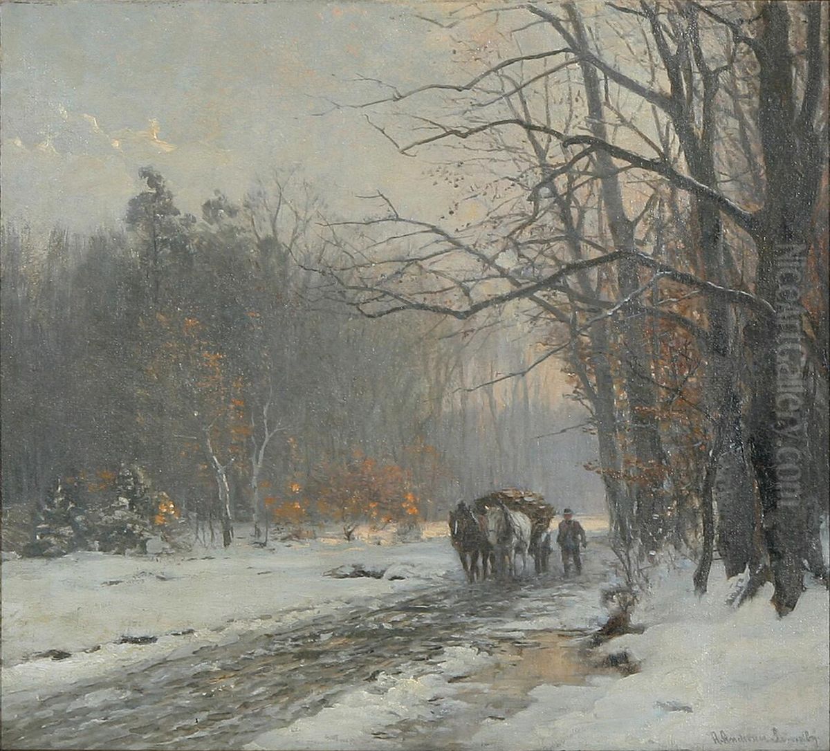 A horsedrawn cart on a snow covered road through the woods. Oil Painting by Anders Andersen-Lundby