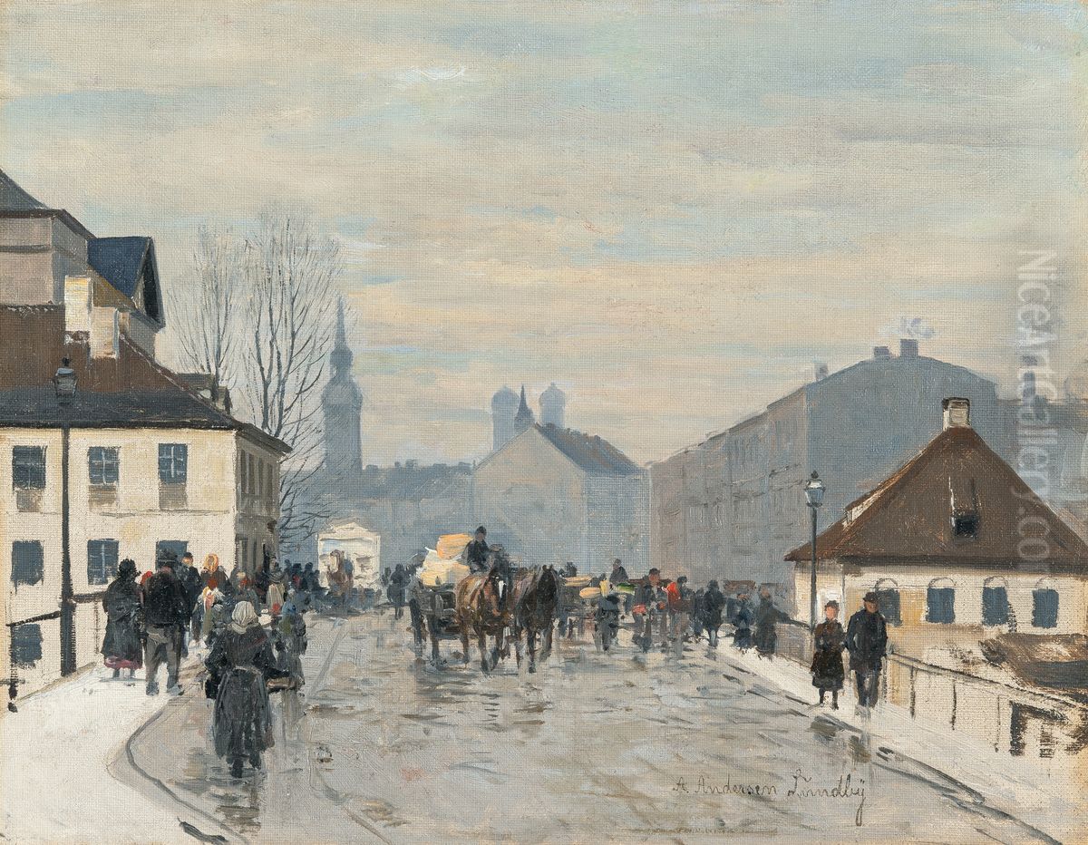 Parti fra Munchen med Frauenturmen og Alten Peter. Oil Painting by Anders Andersen-Lundby