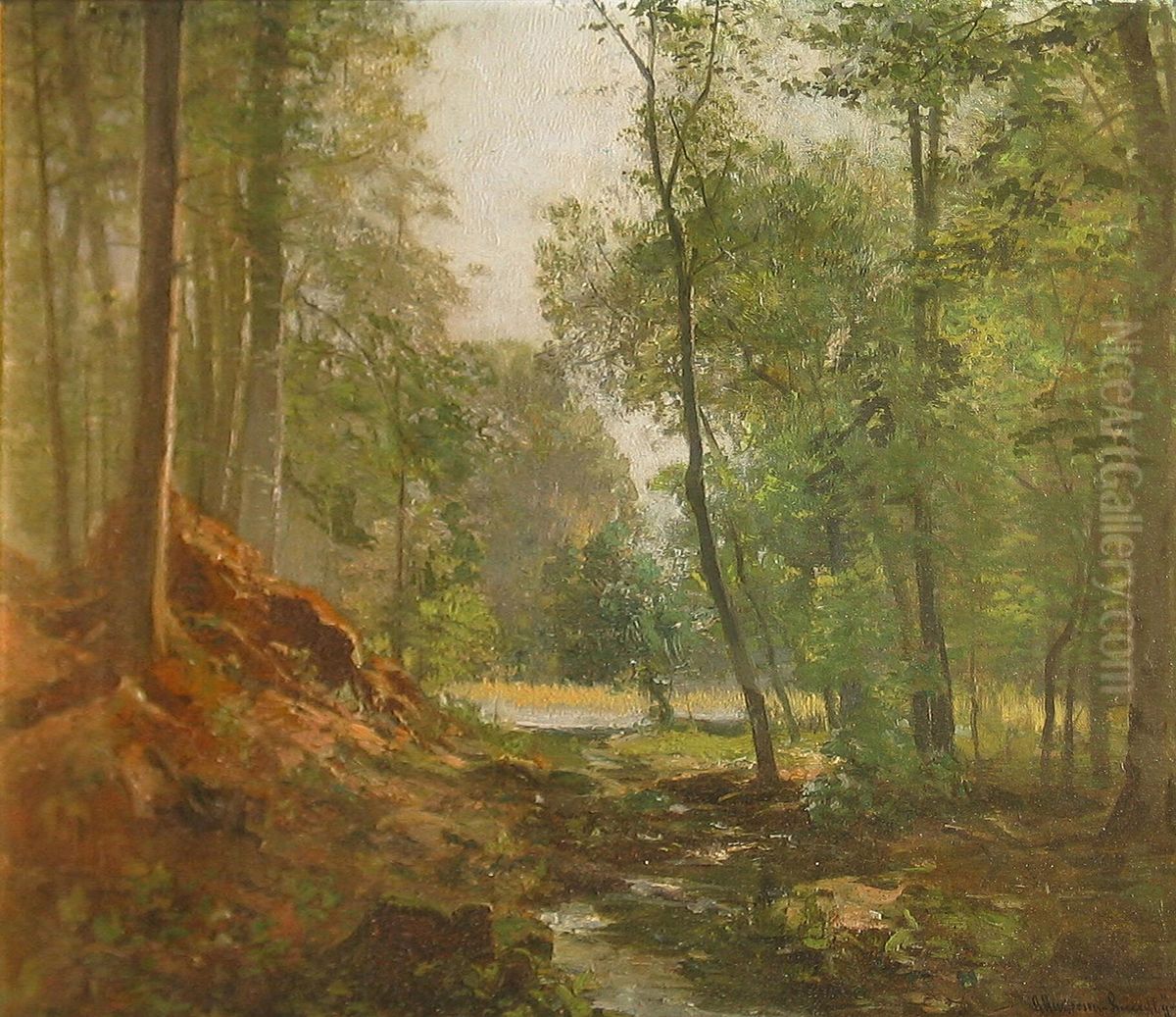 Woodlands with a small pond. Oil Painting by Anders Andersen-Lundby