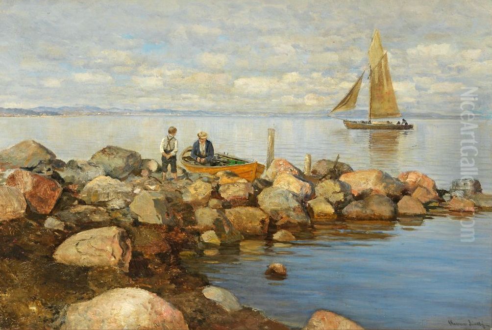 Summer at the lakeside. Oil Painting by Anders Andersen-Lundby