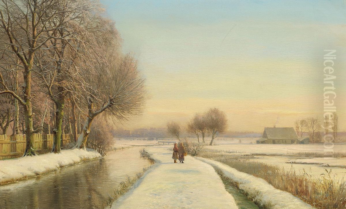 To kvinder ved en flod i et vinterlandskab. Oil Painting by Anders Andersen-Lundby