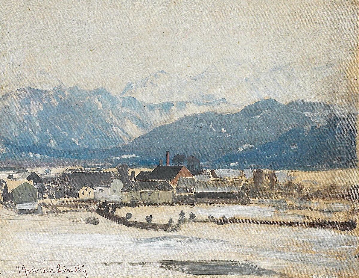 Vinterlandskab fra Munchen. Oil Painting by Anders Andersen-Lundby