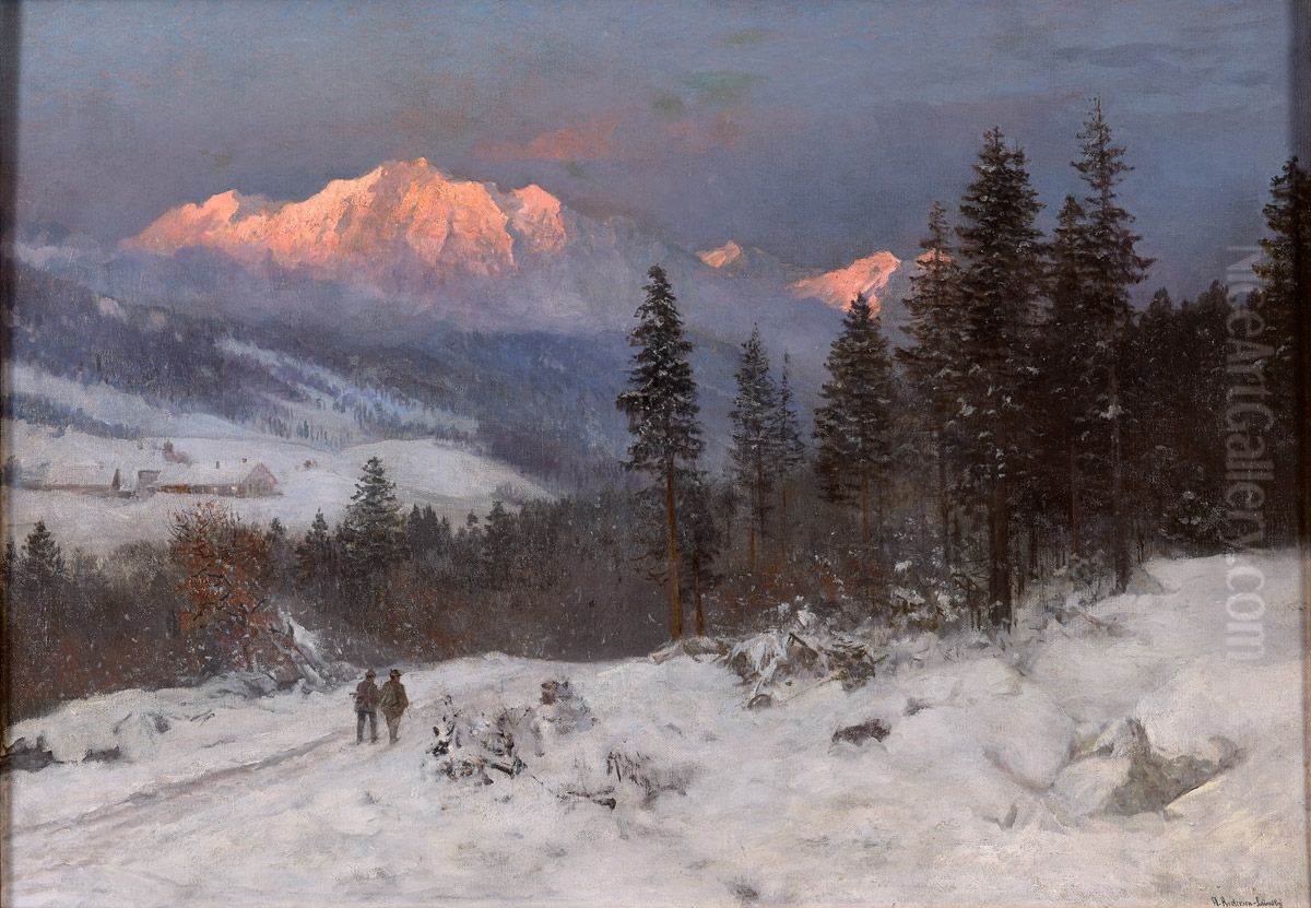 Vinterlandskab med jaegere. Oil Painting by Anders Andersen-Lundby