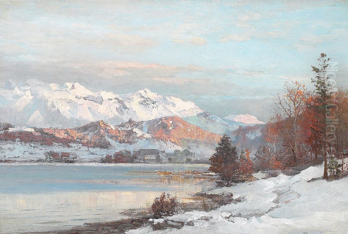 A winter landscape with morning light on a mountain lake, with a view of the Alps. Oil Painting by Anders Andersen-Lundby