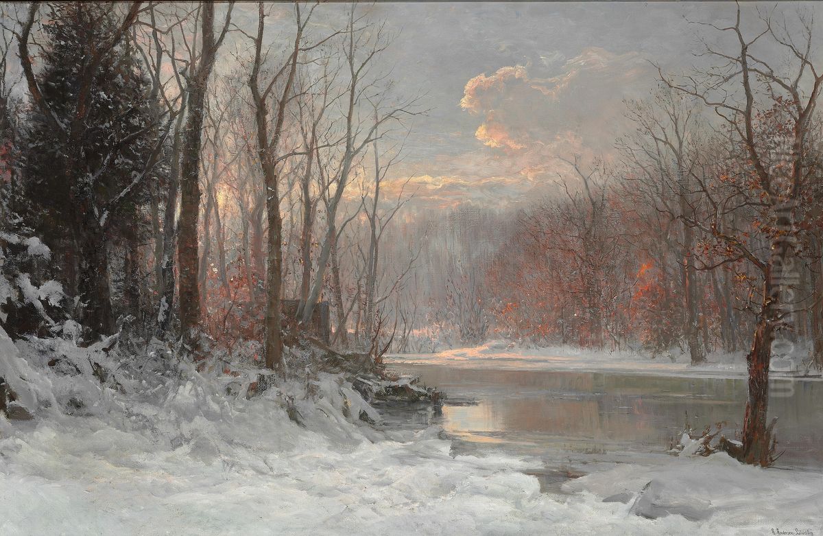 Winter landscape with a river running along snow covered trees. Oil Painting by Anders Andersen-Lundby