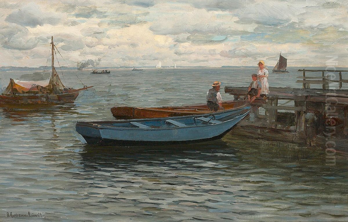 En sommerdag ved badebroen. Mand og born i samtale, i baggrunden talrige skibe pa Sundet i stille vejr. Oil Painting by Anders Andersen-Lundby