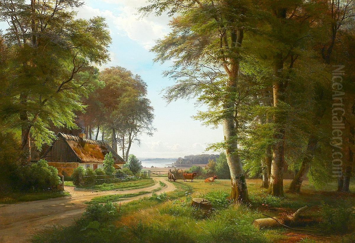 Woodlands in summer with cows and a thatched house. In the background a small inlet. Oil Painting by Anders Andersen-Lundby