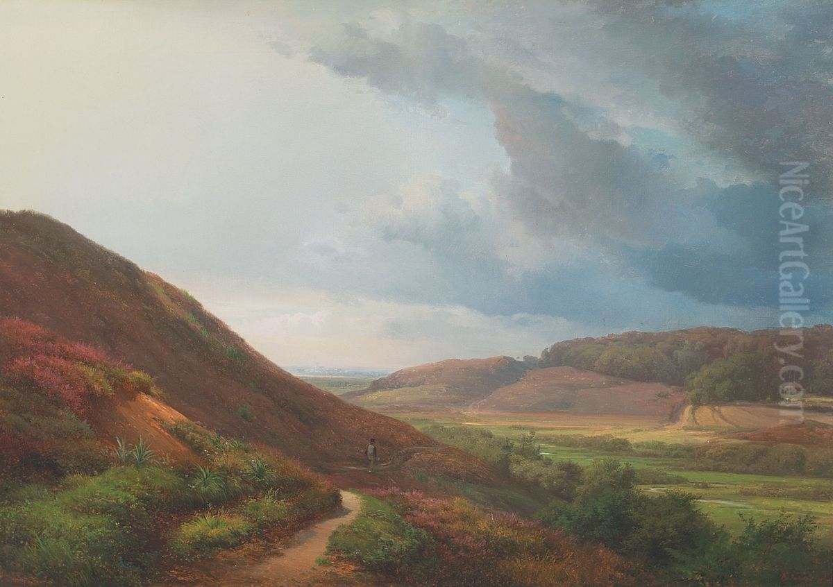 Bakket landskab med gaende mand pa sti. Oil Painting by Anders Andersen-Lundby