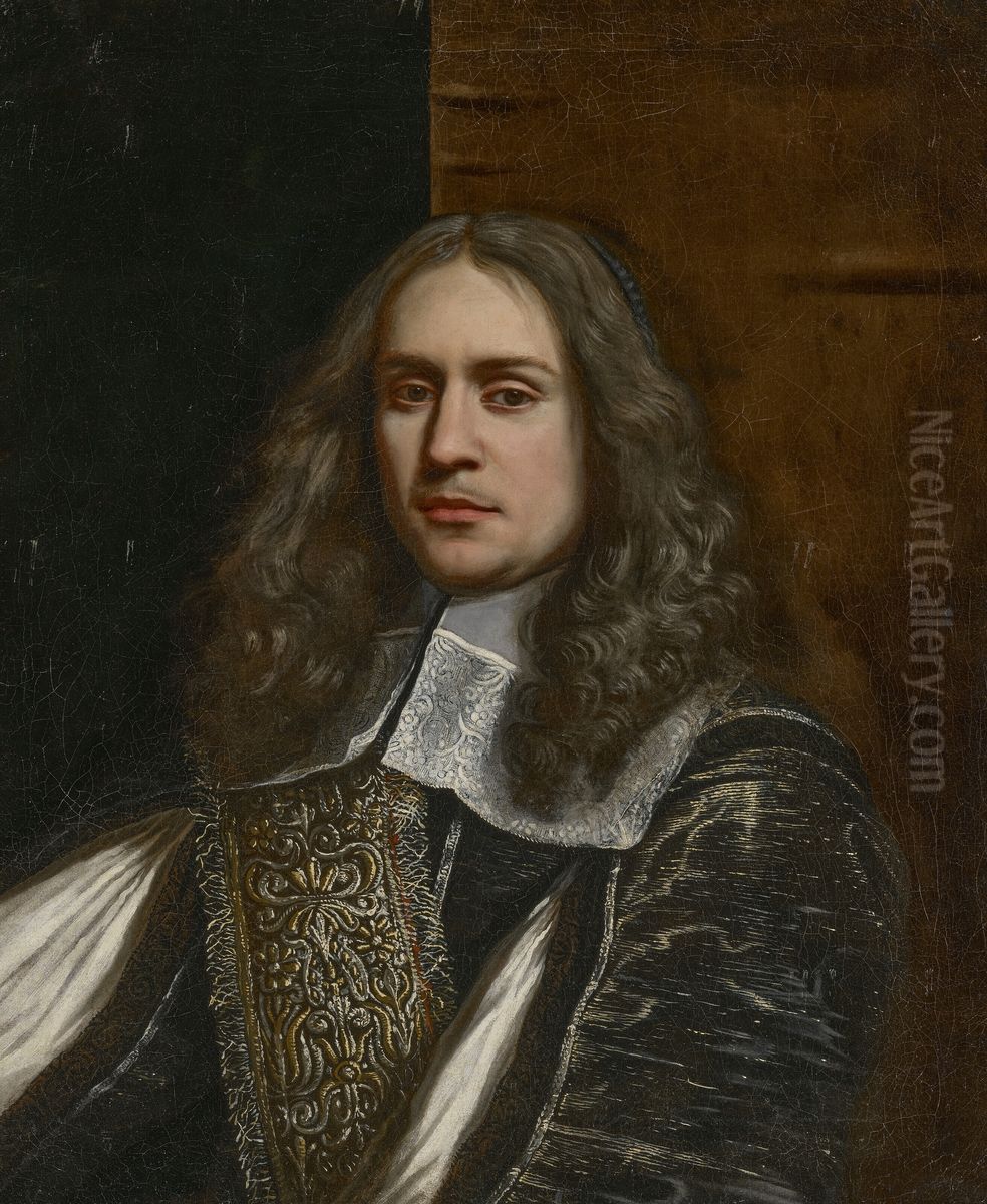 Portrait of a man, bust-length, in a gilt-thread black doublet and lace collar Oil Painting by Wallerant Vaillant