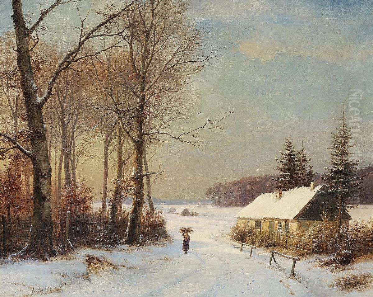 Winter landscape with a woman on a road near a house. Oil Painting by Anders Andersen-Lundby
