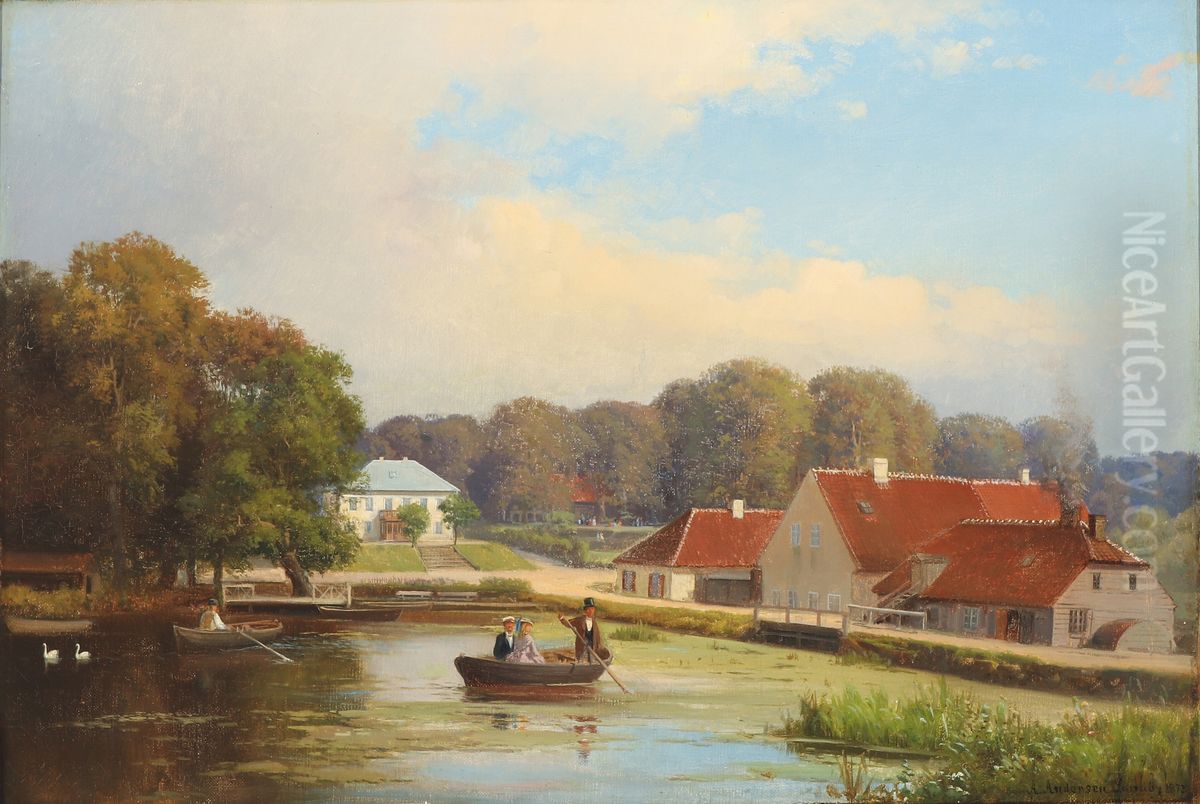 Scenery from Radvad, Denmark, with people rowing. Oil Painting by Anders Andersen-Lundby