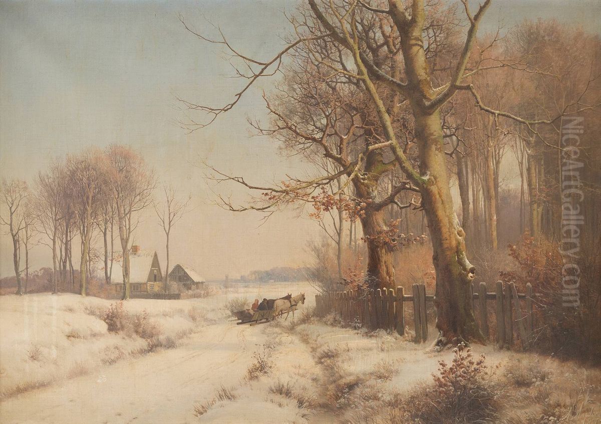 Vinterlandskab med slaede. Oil Painting by Anders Andersen-Lundby