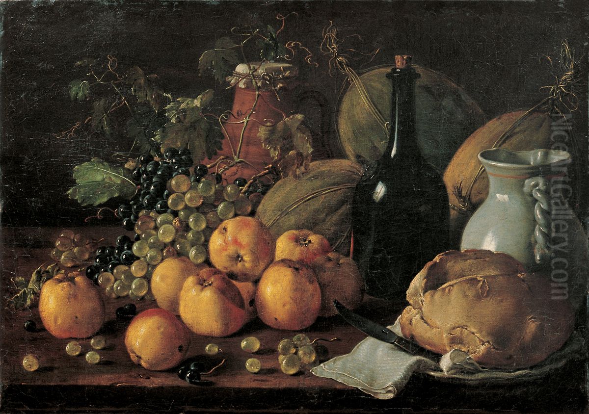 Still Life with Apples, Grapes, Melons, Bread, Jug and Bottle Oil Painting by Luis Egidio Melendez