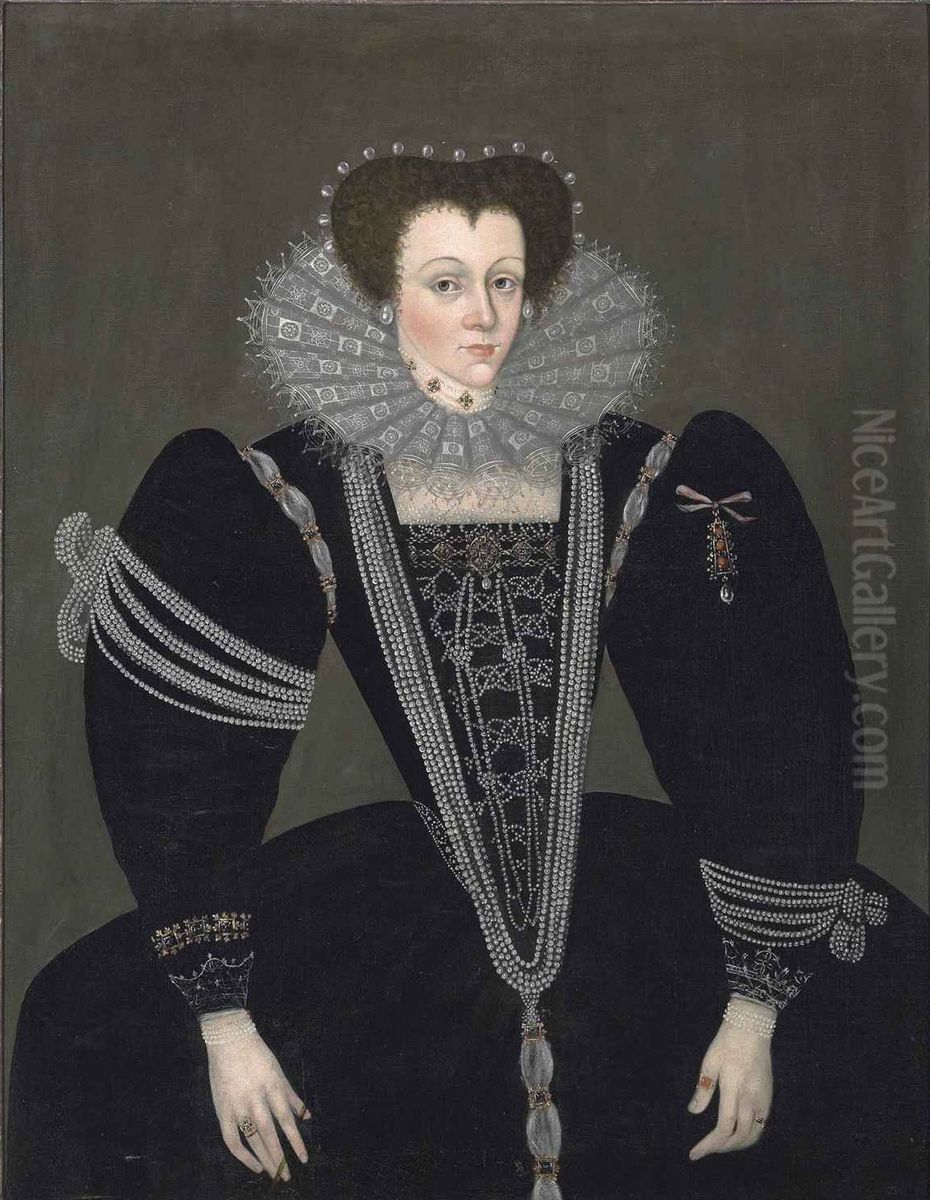 Portrait of a lady, three-quarter-length, in a black dress embellished with jewels and pearls, a lace ruff and a pearl headdress Oil Painting by Unidentified painter