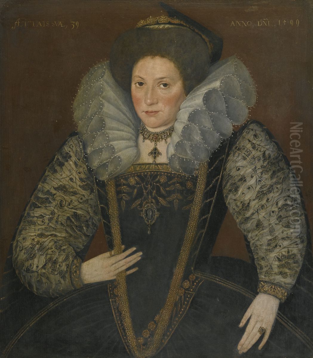 Portrait of a Lady wearing an embroidered dress with blackwork sleeves. Oil Painting by unknown