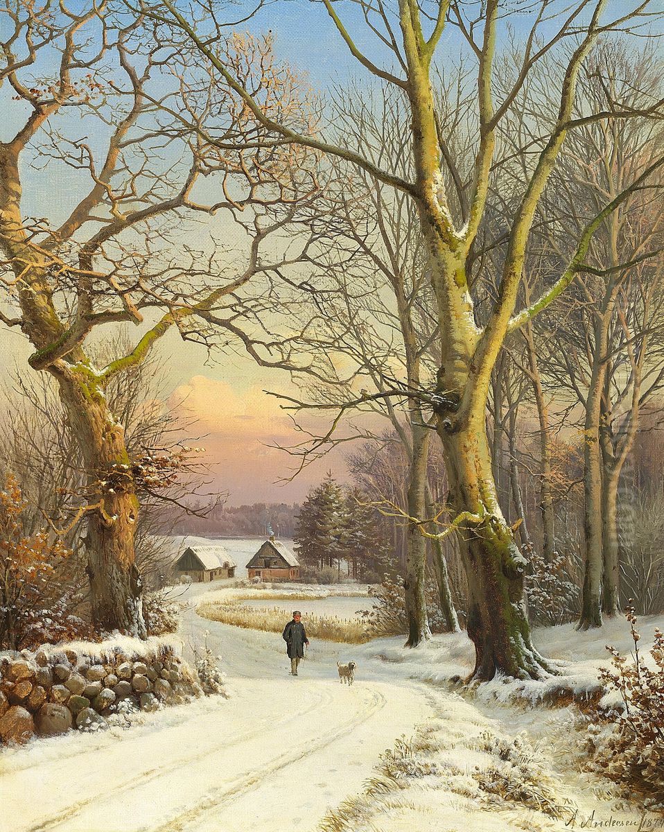 Vinterdag i skoven, Nordsjaelland. En mand lufter hunden. Oil Painting by Anders Andersen-Lundby