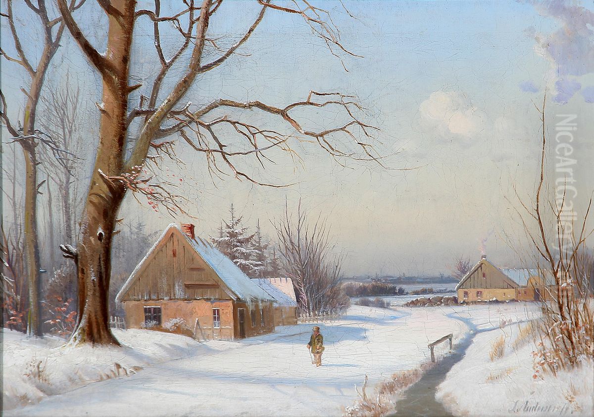 A sunny winter day in the countryside. Oil Painting by Anders Andersen-Lundby