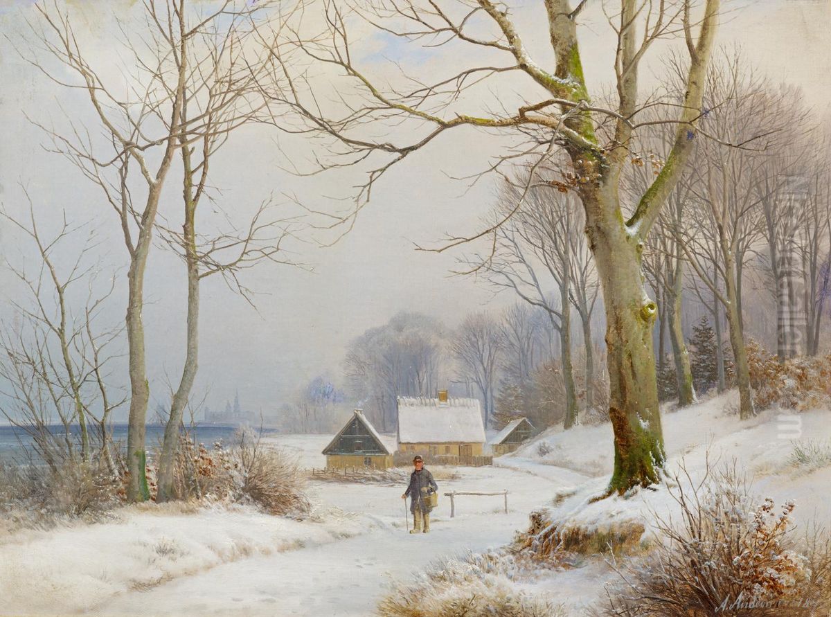 Vinterdag ved kysten naer Kronborg. Oil Painting by Anders Andersen-Lundby