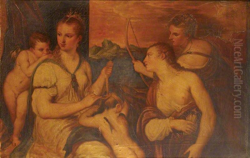 Venus blindfolding Cupid Oil Painting by Titian