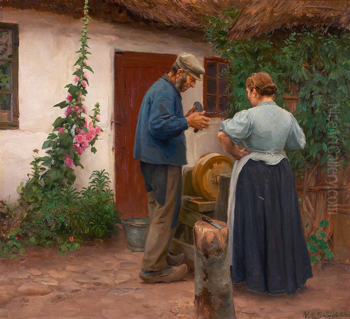 A man and a woman at a whetstone. Oil Painting by H. A. Brendekilde