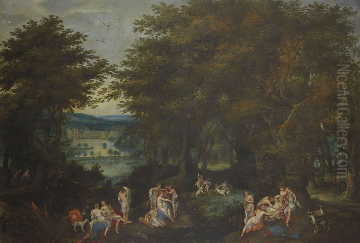 Forest landscape with Diane discovering the pregnancy of Callisto, and a view of the priory of Groenendael Oil Painting by Denis van Alsloot