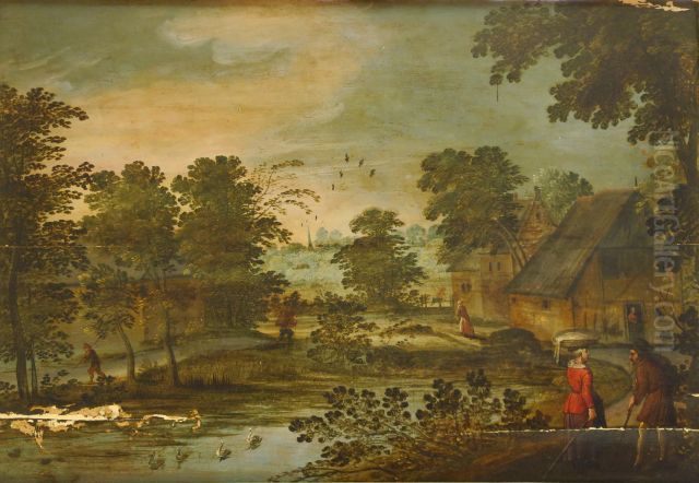 Landscape with figures at the entrance of a village Oil Painting by Jasper van der Lanen