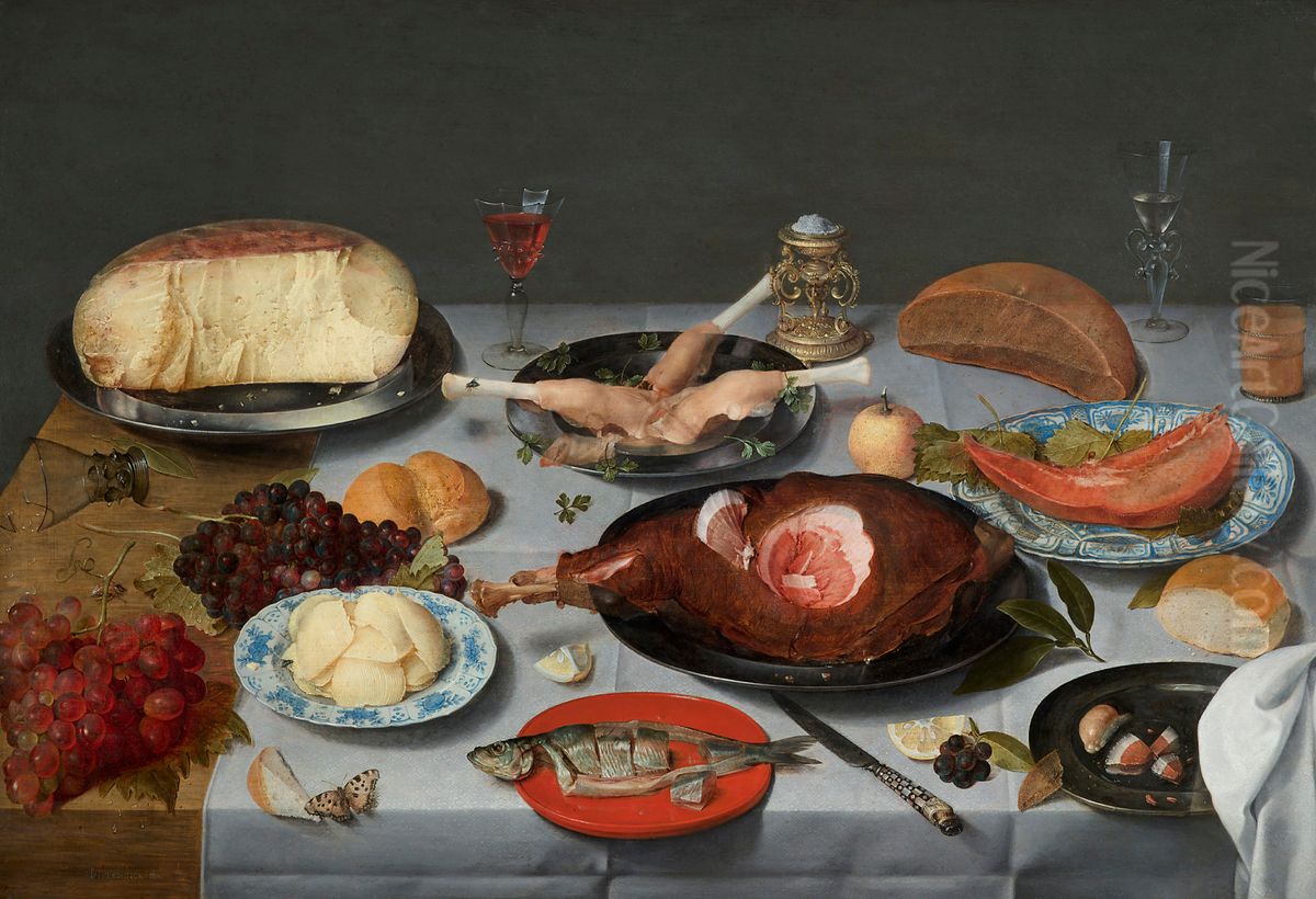 Still life with oysters, roasted chicken, sweets and dried fruits Oil Painting by Jacob van Hulsdonck