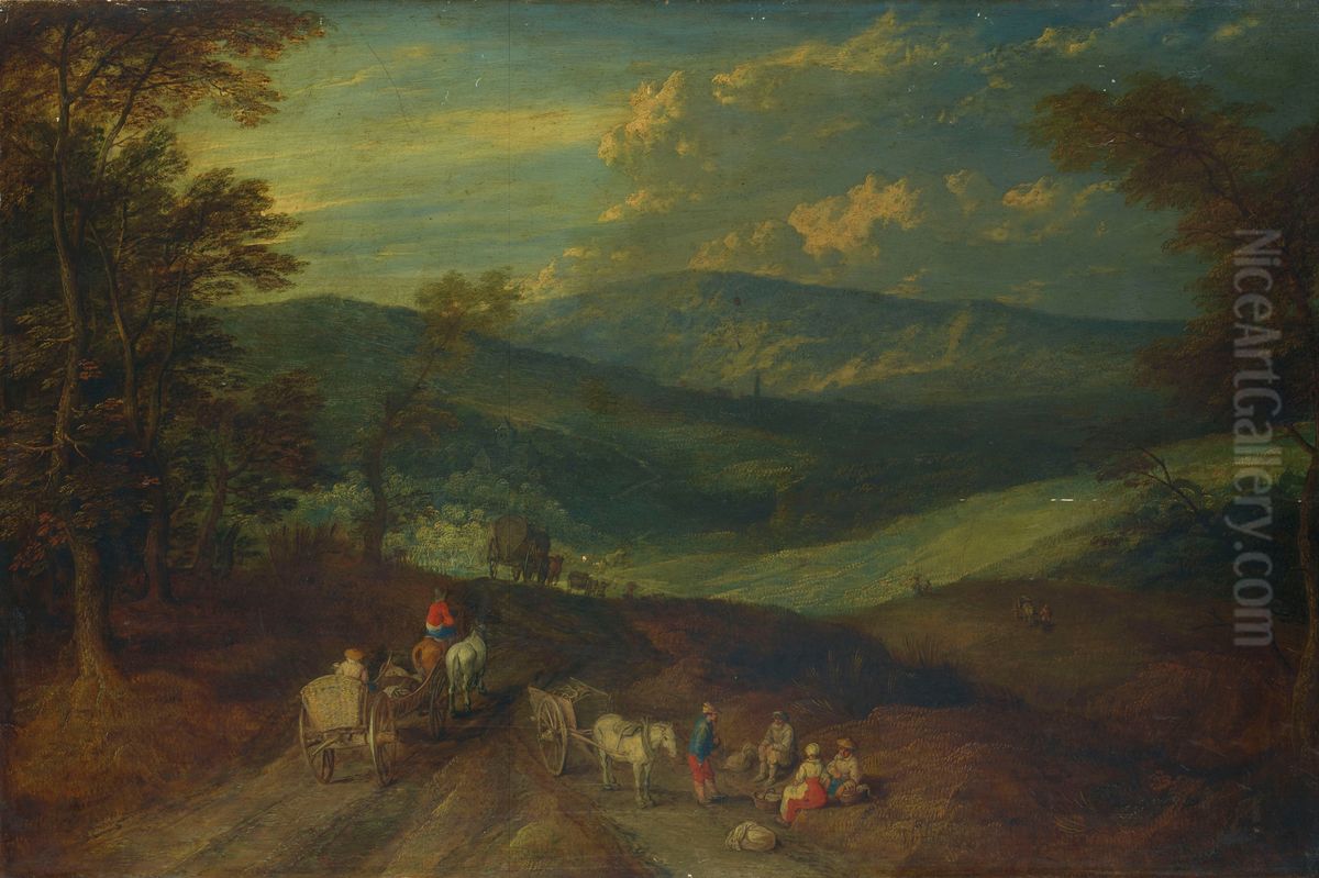 An extensive mountainous landscape with travellers on a path. Oil Painting by Jan Brueghel the Younger