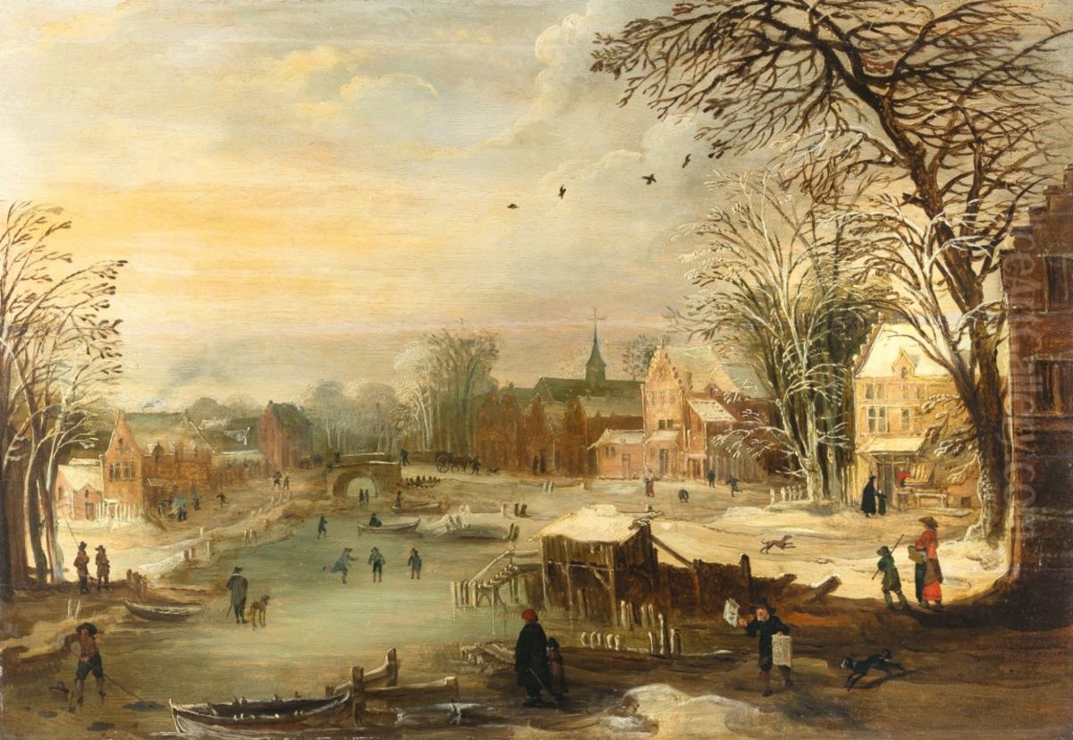 Winter village landscape by a frozen river Oil Painting by Joos de Momper the Younger