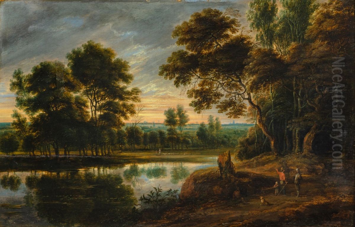 A lake landscape Oil Painting by Lucas Van Uden