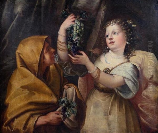 Young woman presenting a bunch of grapes Oil Painting by Marco Liberi