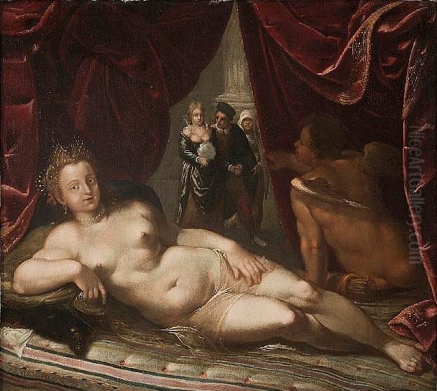 Venus   and  Cupid with an unlikely couple Oil Painting by Louis Finson