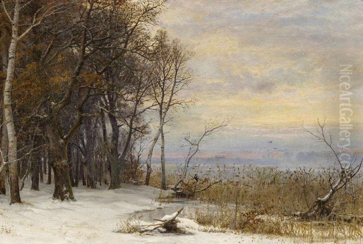 Vinterdag ved en sobred. Oil Painting by Anders Andersen-Lundby