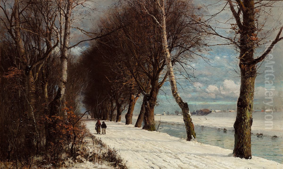 Winter landscape with wanderers. Oil Painting by Anders Andersen-Lundby