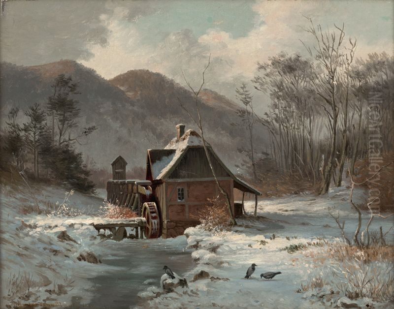 Winter landscape with a water mill. Oil Painting by Anders Andersen-Lundby