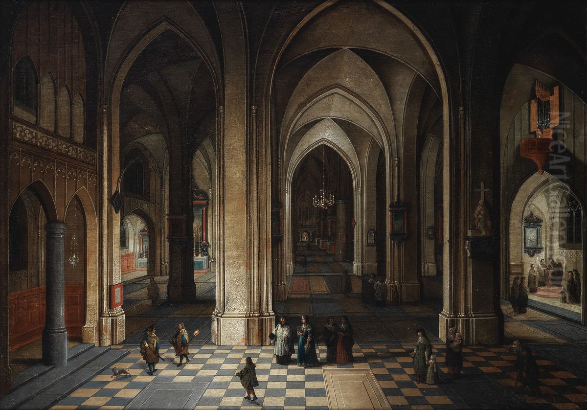 Interior of a cathedral at night, with elegant figures attending a mass Oil Painting by Pieter Neefs the Younger
