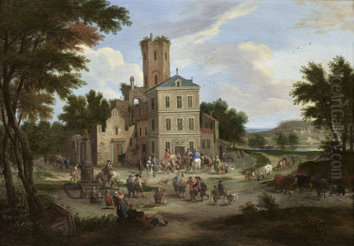 Townsfolk gathering outside a Public Buildings Oil Painting by Mathys Schoevaerdts