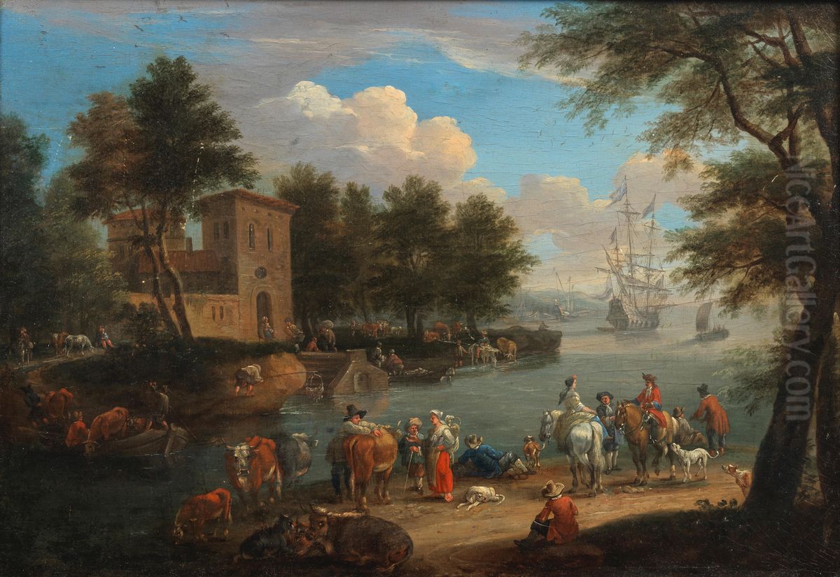 River landscape with figures on horseback on the banks and shipping at anchor beyond Oil Painting by Mathys Schoevaerdts