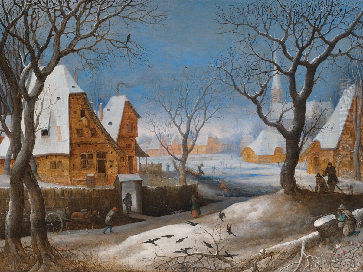 Winter landscape, with figures in a village Oil Painting by Adriaen Van Stalbemt