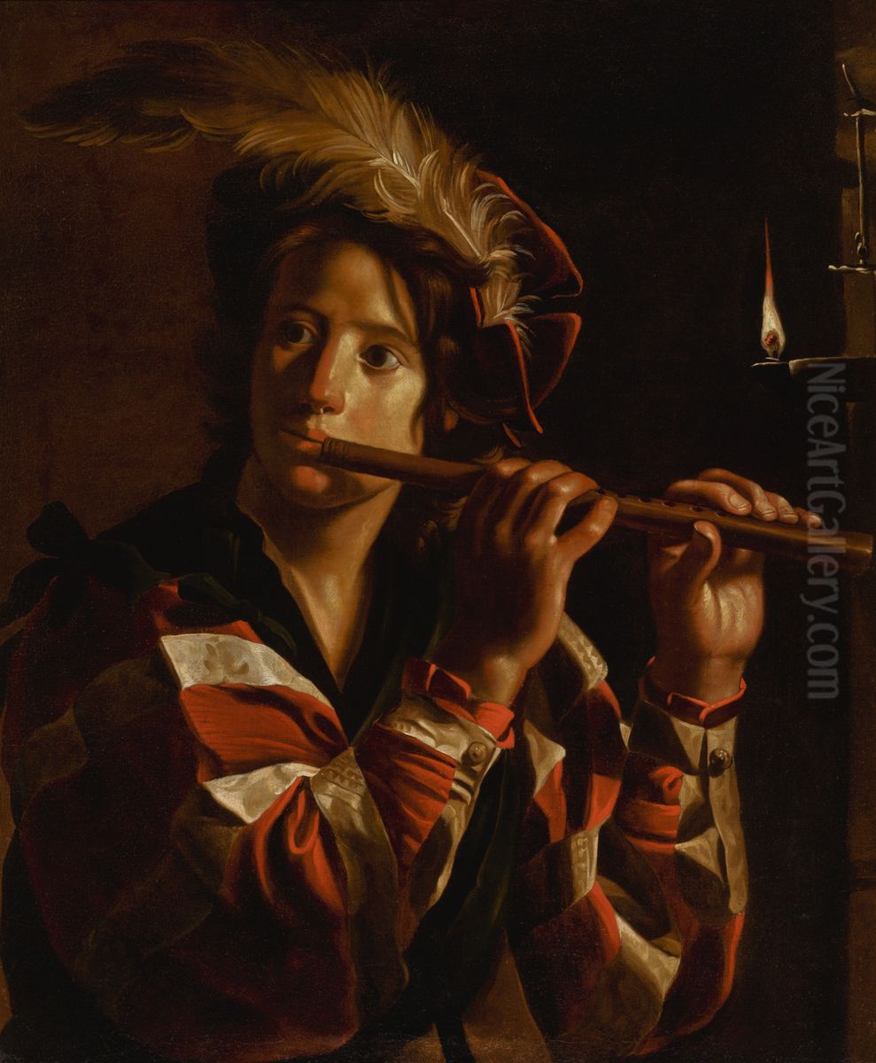Young man playing the flute by candlelight Oil Painting by Jan Cossiers
