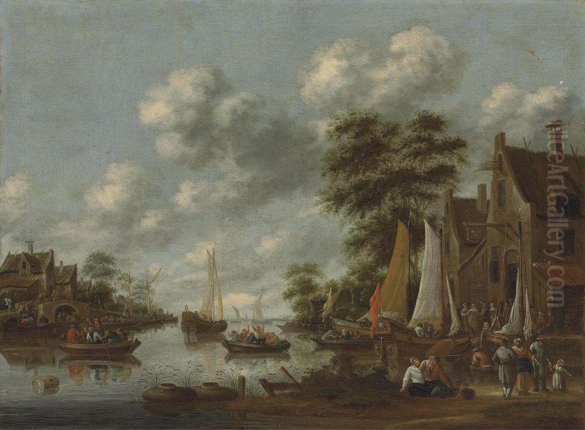 River landscape with ferry boats and other vessels, figures disembarking by an inn Oil Painting by Thomas Heeremans