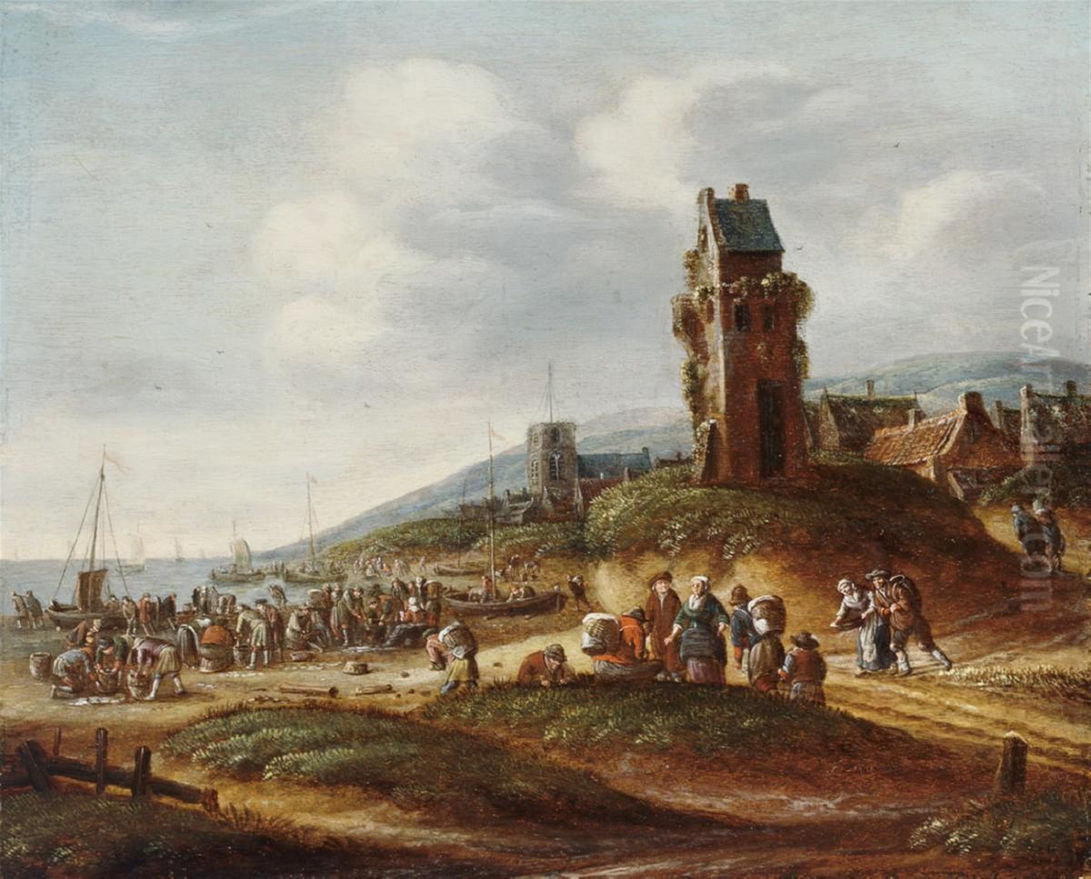 Fishermen unloading their catch at the beach near Egmond Oil Painting by Thomas Heeremans