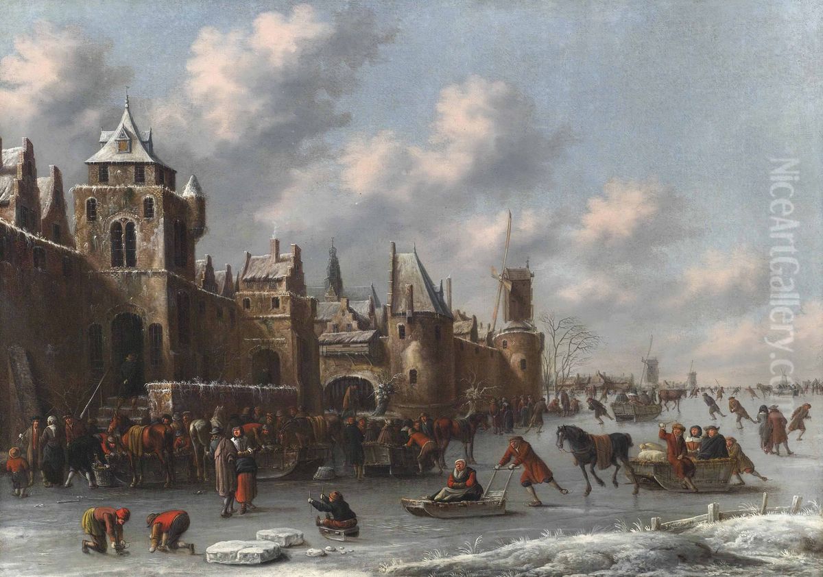 Winter landscape with figures skating and sledging on a frozen moat by a fortified town Oil Painting by Thomas Heeremans