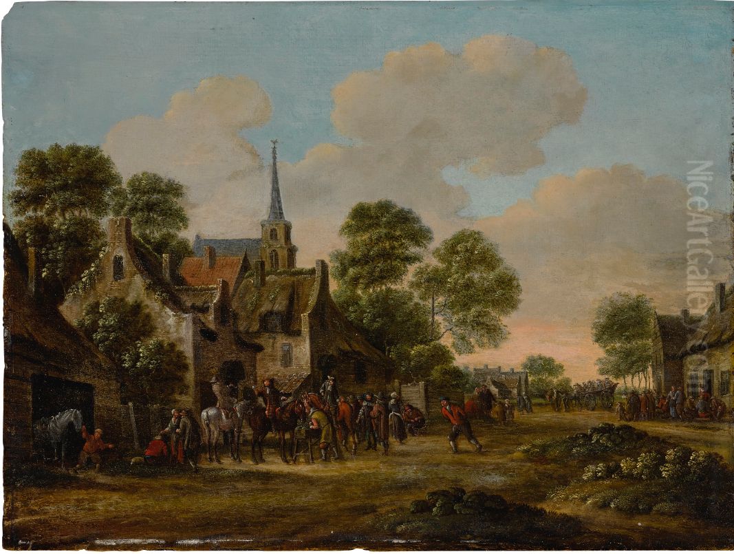 Village scene with figures by a church Oil Painting by Thomas Heeremans