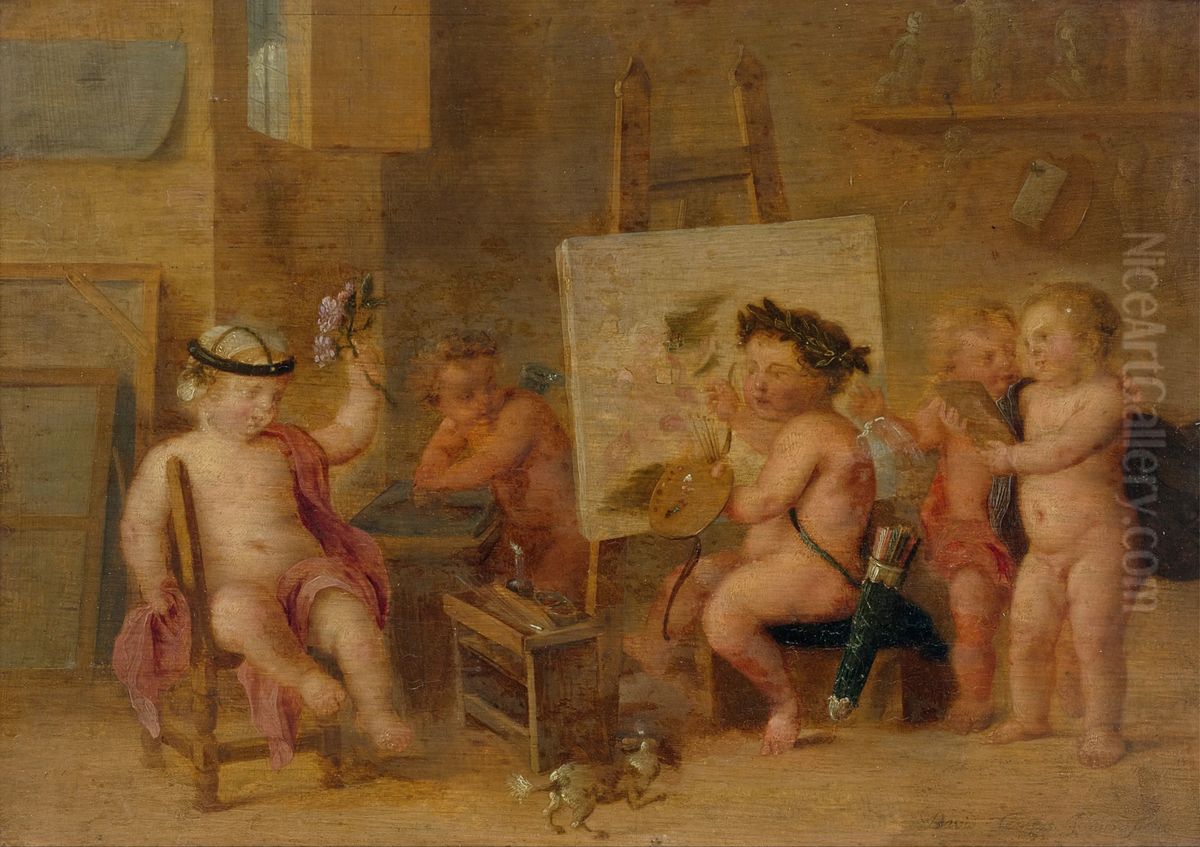 Painter's studio with putti Oil Painting by David Teniers III