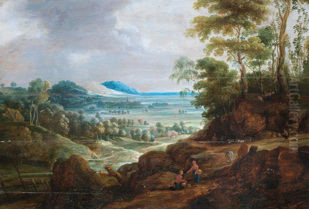 Gleaners and herdsmen tending their flocks with an open landscape beyond Oil Painting by Jan Wildens