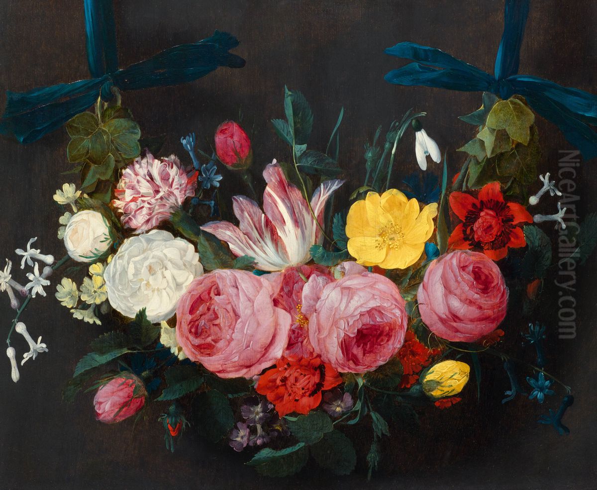 Garland of flowers with roses, tulips, carnations, lily of the valley, violets and ivy on blue ribbons Oil Painting by Jan Philip van Thielen