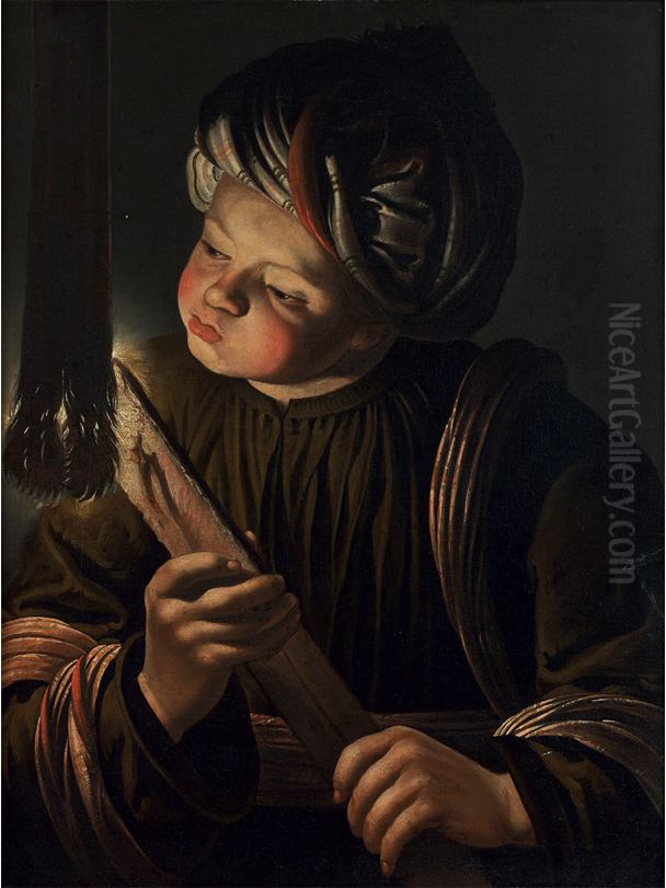 Young man blowing on a burning wooden board Oil Painting by Jan Cossiers