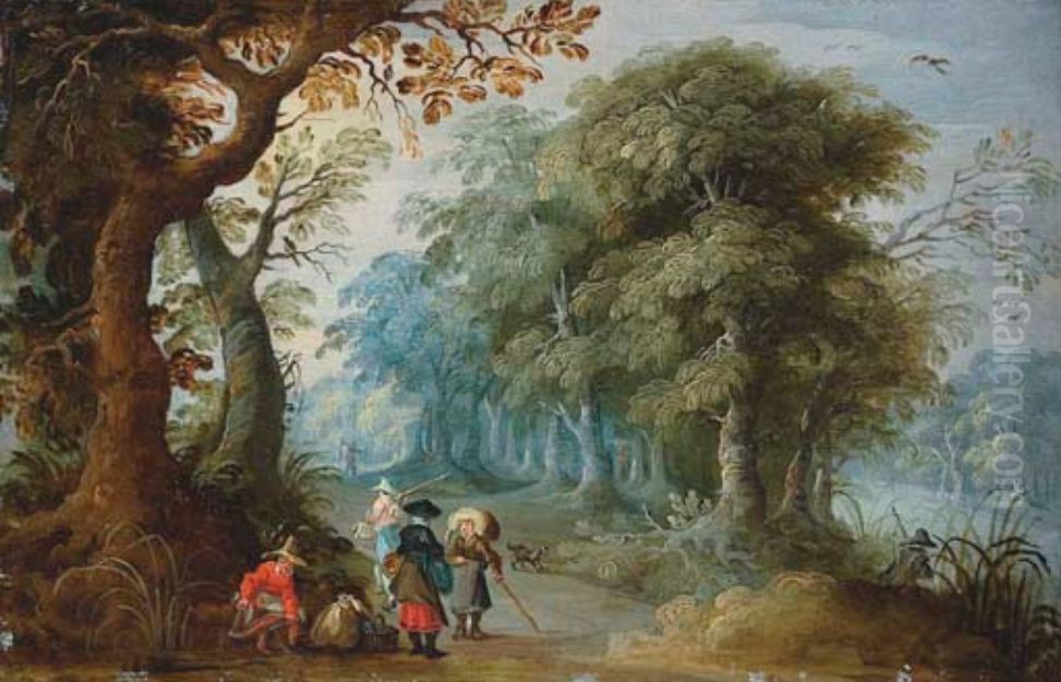 Wooded landscape with travellers on a track Oil Painting by Jasper van der Lanen