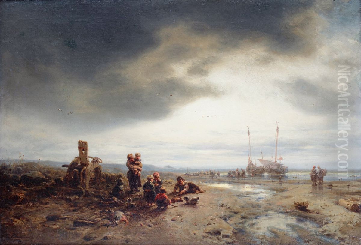 Kinder am Ufer Oil Painting by Eduard Hildebrandt